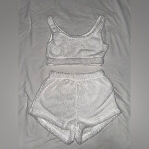 White Fuzzy Crop Top and Shorts Set